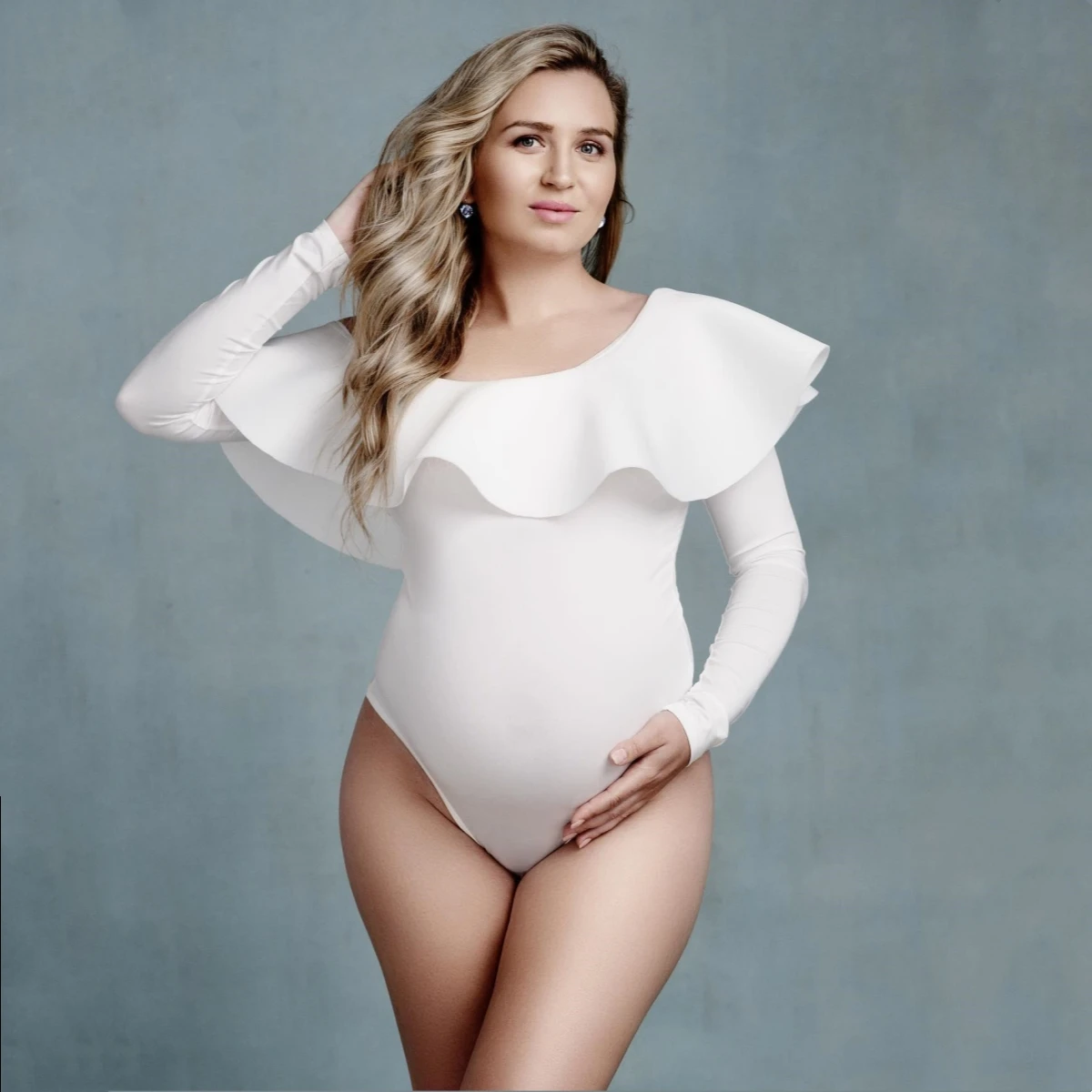 Ruffles Neck Maternity Photography Bodysuit Full Sleeve Stretchy Pregnant Woman Jumpsuit For Photo Shoot