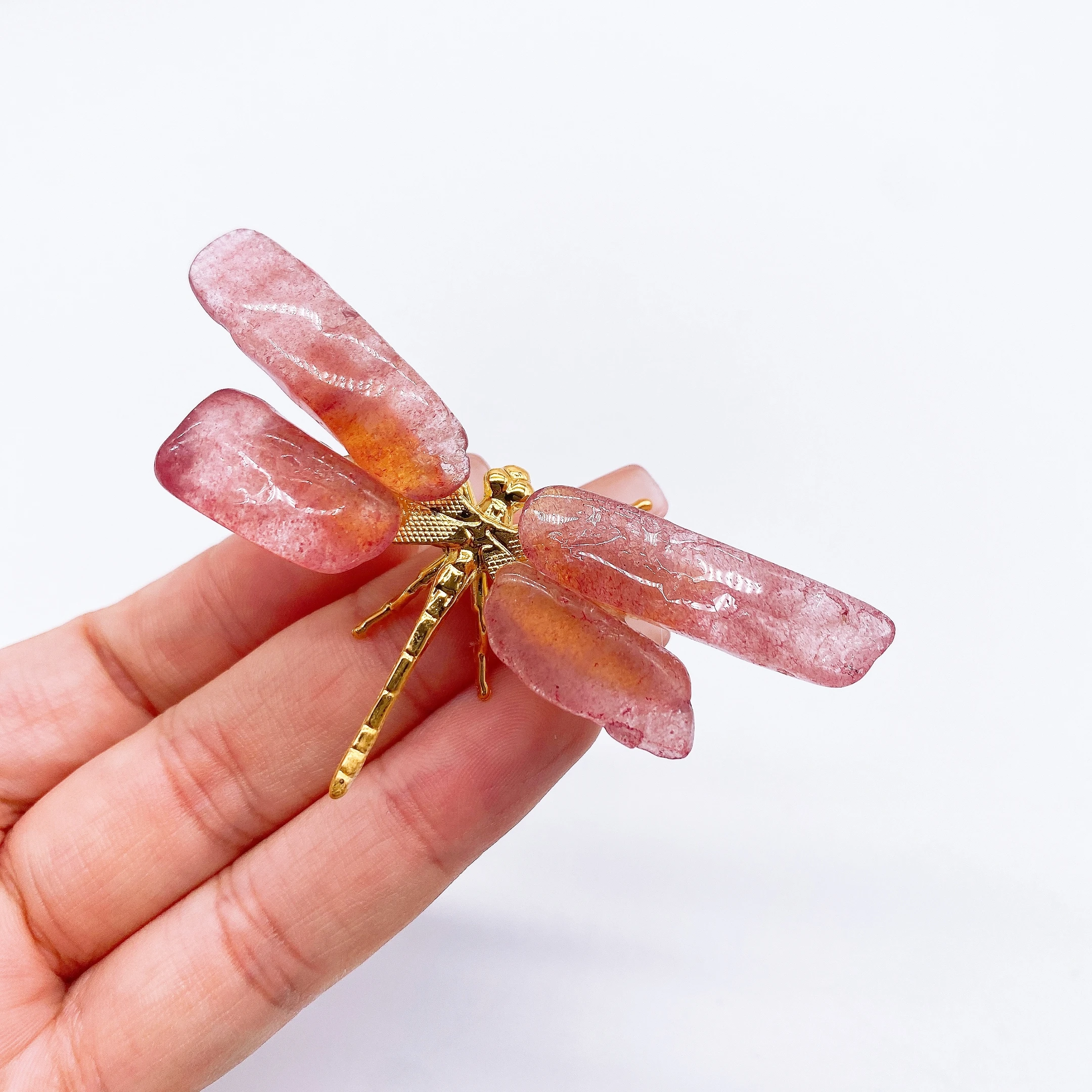 1PC Natural Pink Strawberry Quartz Dragonfly Crystal Stone spar crafts Butterfly Statue Reiki Healing Home Decor Children Gift