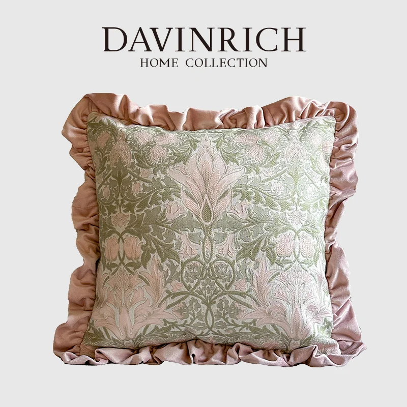 DAVINRICH Pink Oriental Floral Jacquard Throw Pillow Cover Victorian Retro Ruffles Decorative Cozy Cushion Case Gift For Her