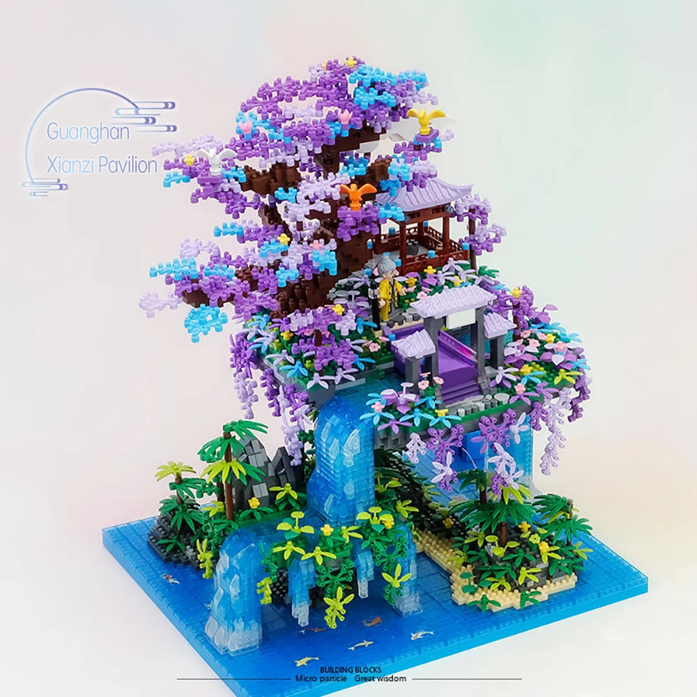 4574 pçs arquitetura antiga chinesa flor de pêssego lagoa castelo modelo bloco de construção conjunto tijolos diamante com luz brinquedos crianças presente