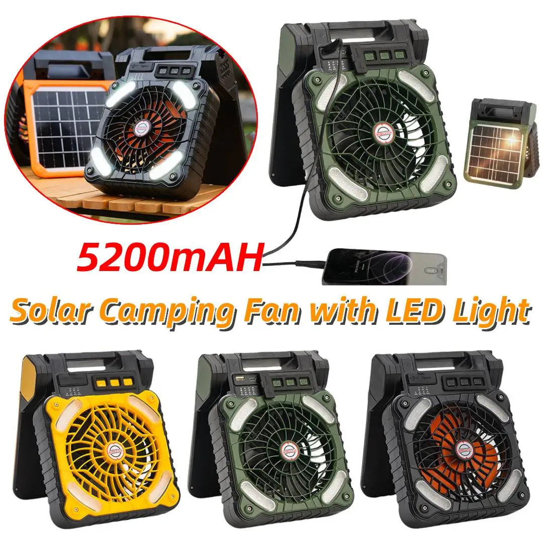 

Solar Outdoor Tent Fan with LED Light USB Rechargeable Solar Cordless Tent Fan 5200mAh Solar Powered Camping Fan for Emergency