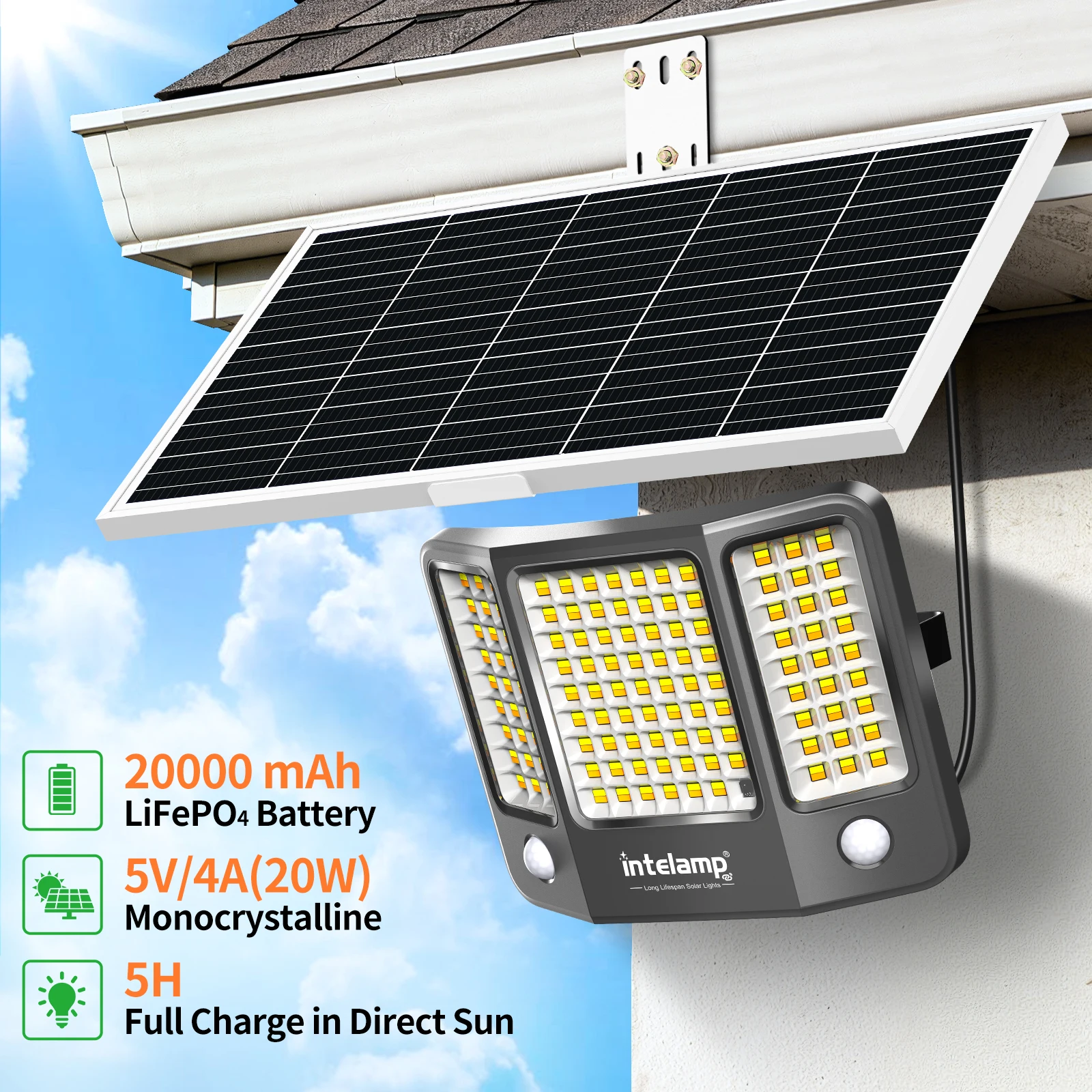 intelamp Outdoor Solar Flood Lights 20000mAh 3 Color With Super Large Solar Panel 16.4 FT Cable For Yard Backyard Porch Driveway
