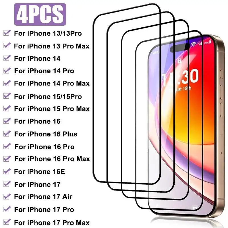 

4Pcs Full Cover Tempered 13 14 15 16 Plus 16E Screen Protector Film For Iphone Pro Max 17 Air Glass