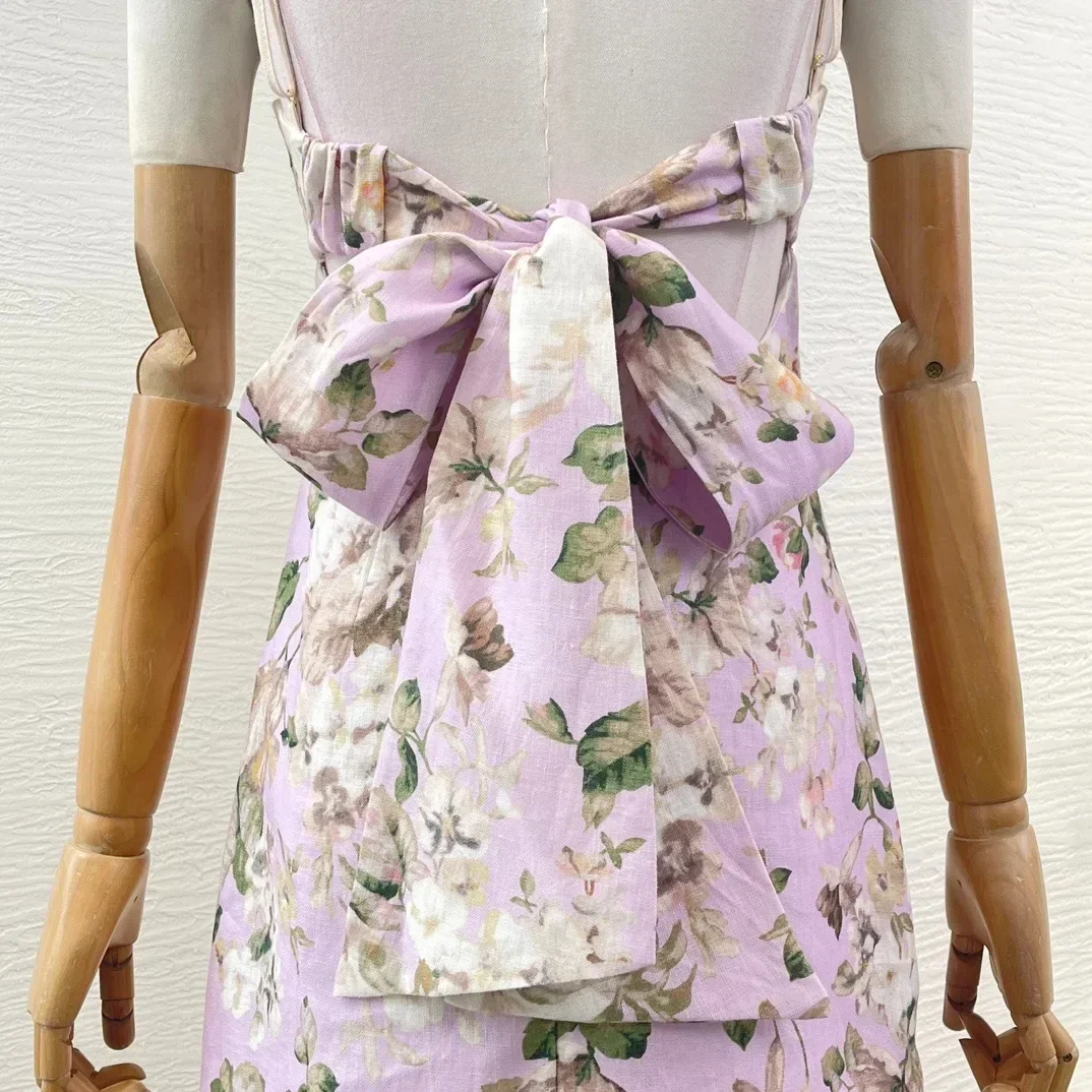 2024 New Autumn White Lilac Purple Flowers Print Sleeveless Backless Shell Edge Sling Midi Dress for Women