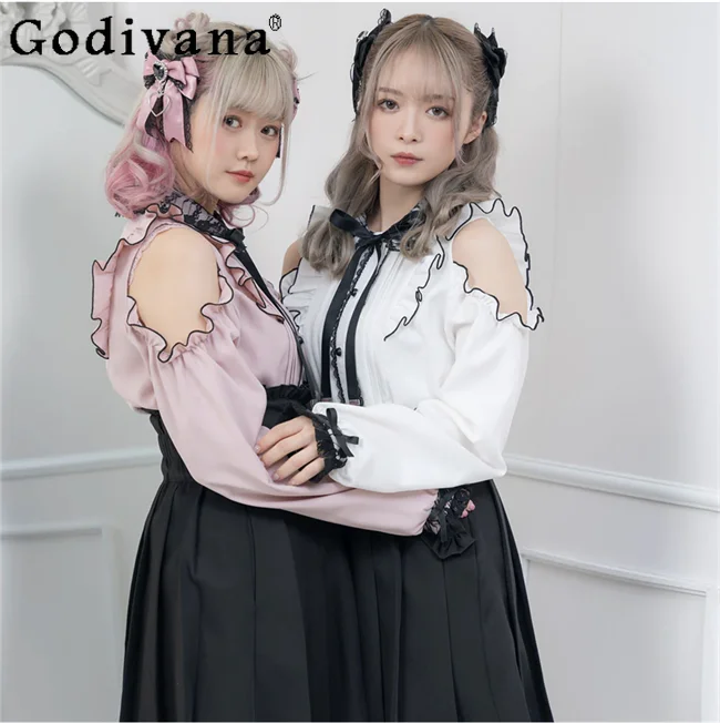 

Autumn New Long Sleeve Shirt Women Japanese Loose Off-Shoulder Ruffles Lace Splicing Lolita Blouses Office Ladies Elegant Shirts