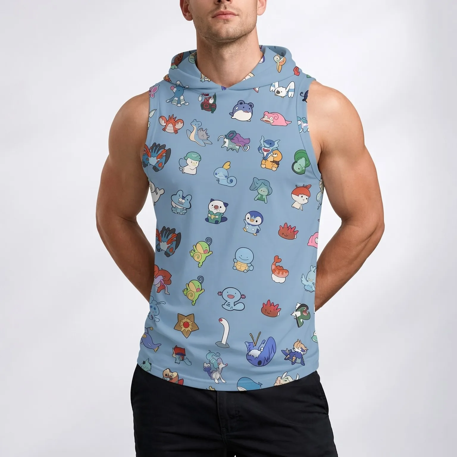 

Summer Men's Hooded Vest with Cartoon Anime and Pokémon Print Pullover Sweatshirt T-Shirt Men's Fashion Sports Streetwear Top