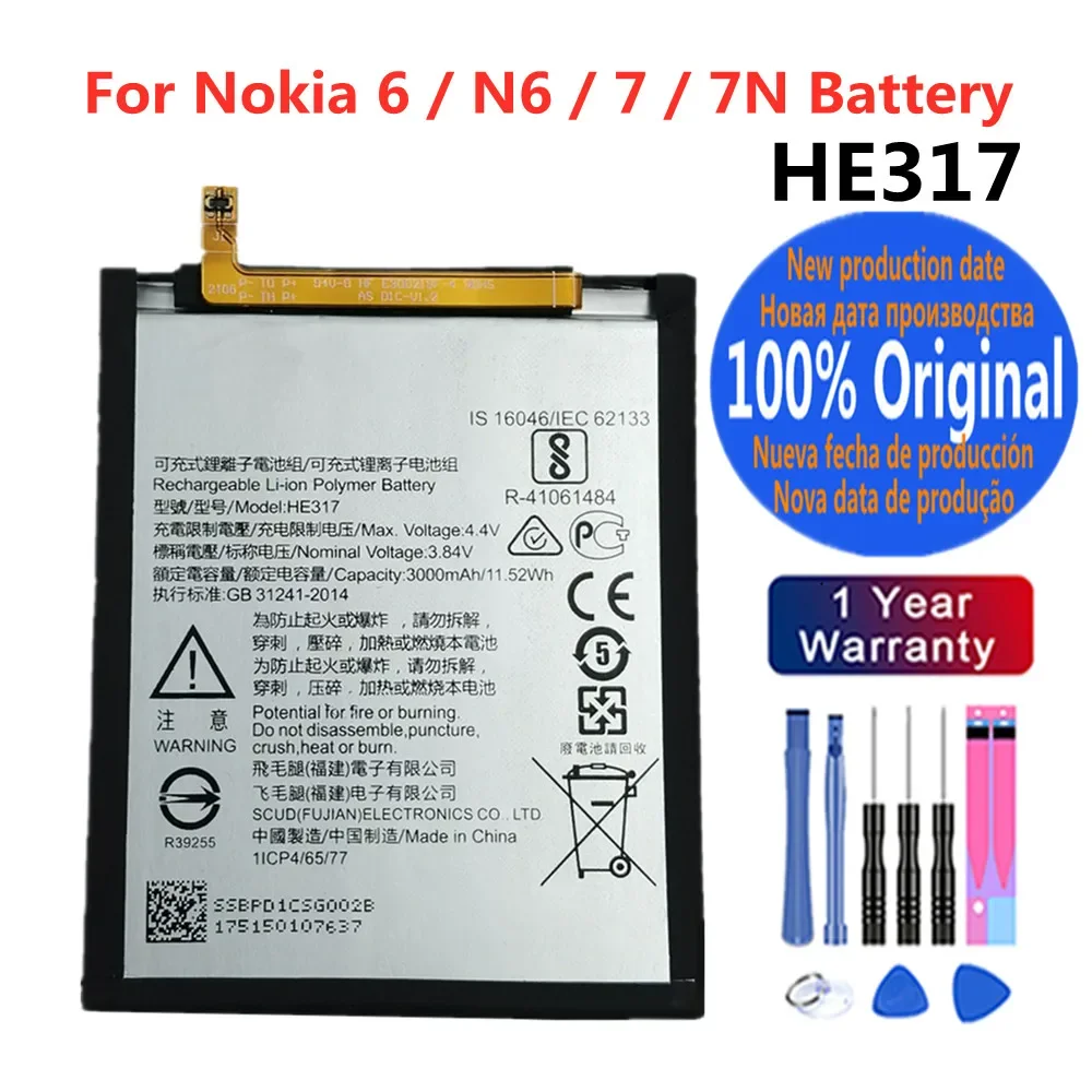 3000mAh HE317 Original Battery For Nokia 6 N6 / Nokia 7 7N TA-1000 TA-1003 TA-1021 TA-1025 TA-1033 TA-1039 Phone Battery + Tools