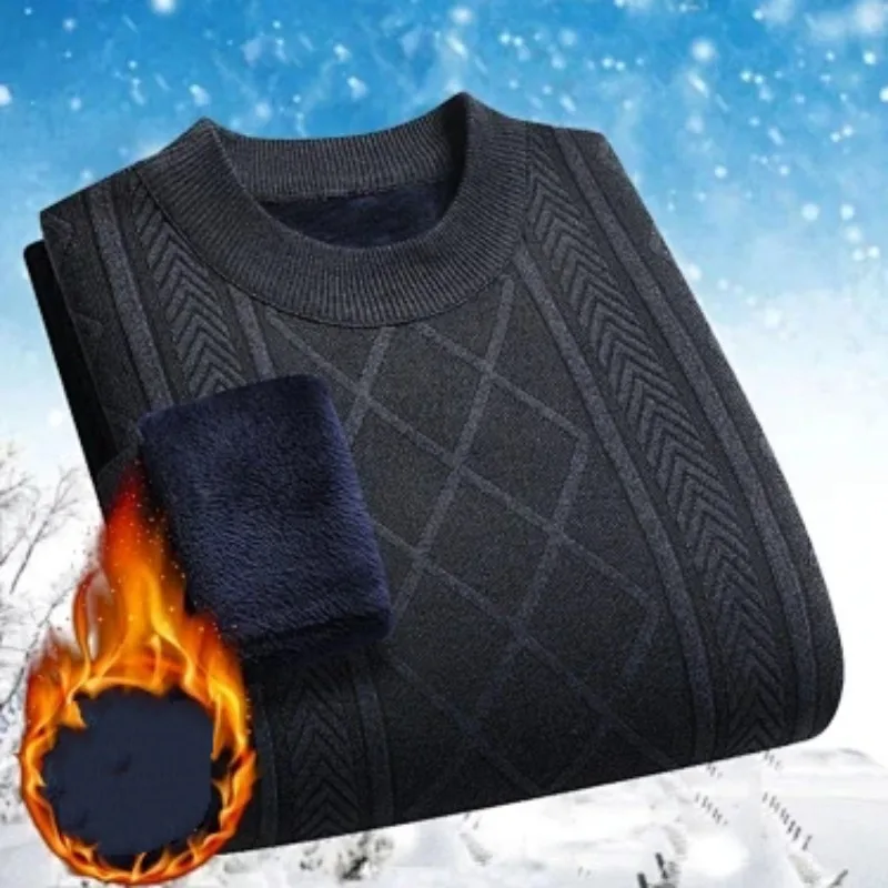 Men Crew Neck Loose Warm Pullover Fleece Lined Casual Top For Middle Aged Dad