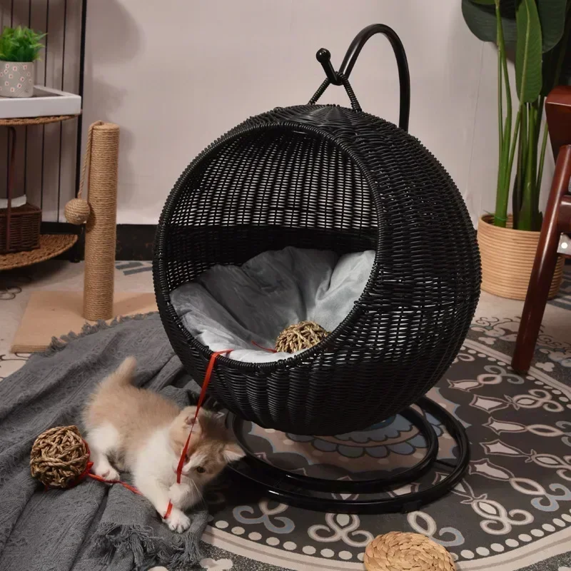 Hand-Woven Imitation Rattan Cat Bed, Comfy Cat Nest Basket, Hanging Basket, Swinging Pet House,