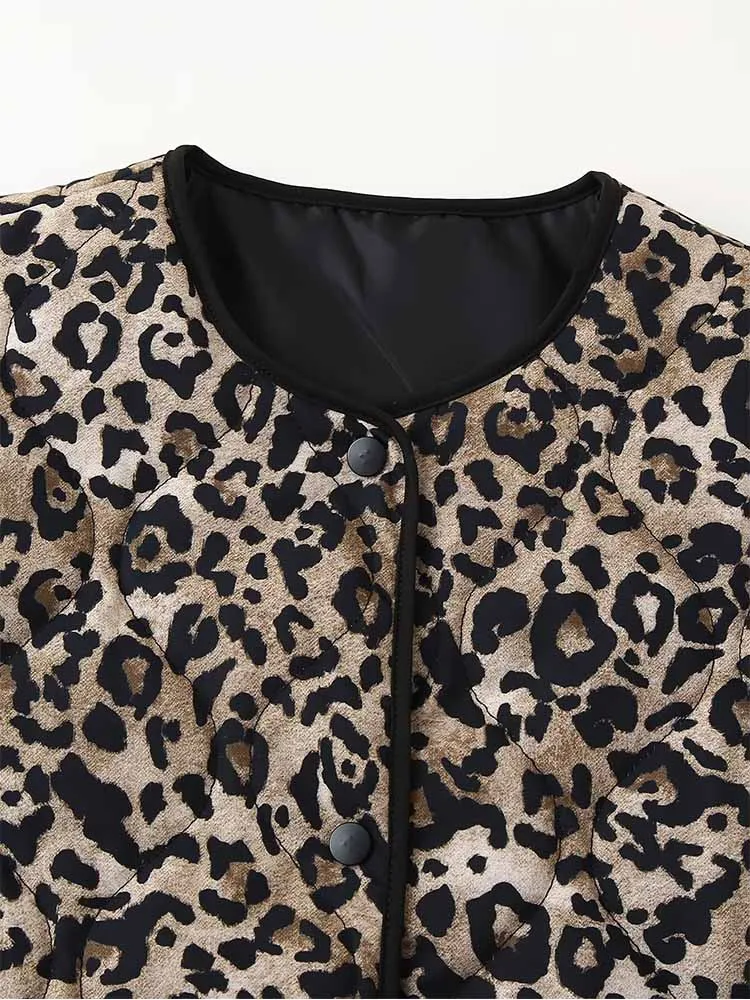 TRAF2024 European and American style autumn new fashion all-match women\'s clothing leopard print cotton jacket coat