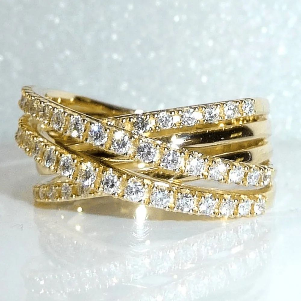 Personality Fashion Gold Color Multiple Intersecting Lines Micro-inlay 5A Zircon Geometry Finger Rings for Women Banquet Jewelry