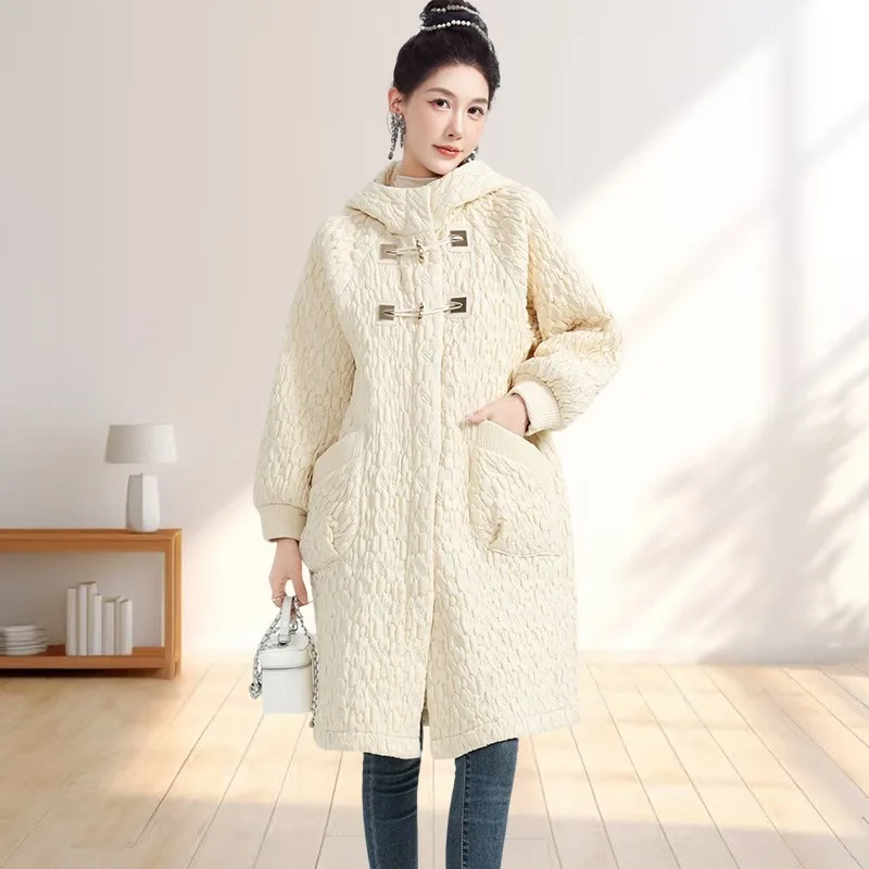 مطوي معطف القطن ملابس خارجية مياكي مطوي الشتاء مبطن سميكة المتضخم المرأة طويلة الأكمام مقنعين سترة قطن Plisse