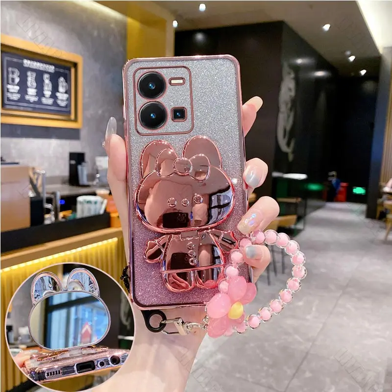 Flower Strap Mirror Rabbit Phone Holder Case On For Vivo Y77 Y76 Y50 Y30 Y83 Y93 Y95 Y91 Y78 Y36 Y27 Y85 Y51 Y21 Y72 Stand Cover