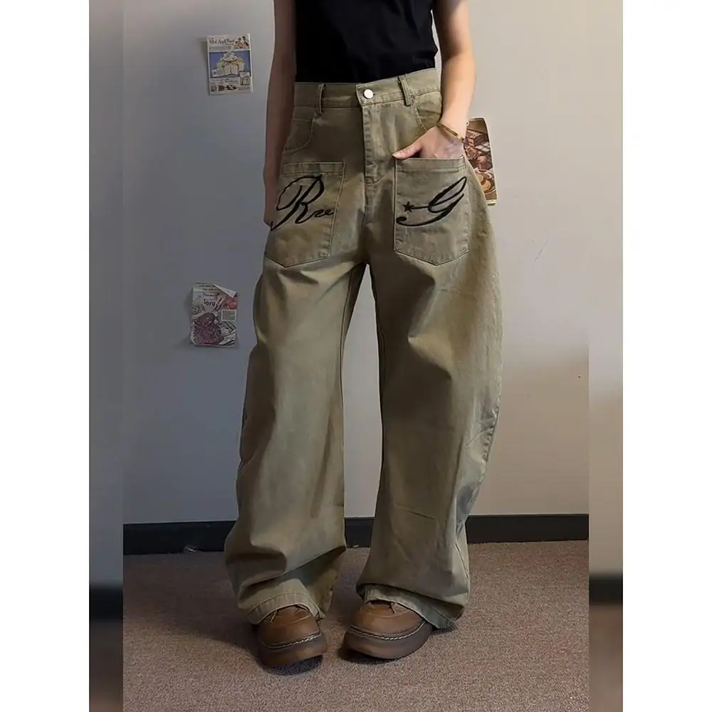 

Y2K Trendy Wide Leg Floor-Length Pants Low Waist Multi-ket Loose Jeans Casual Cotton Blend Winter Seasonal Ladies Jeans