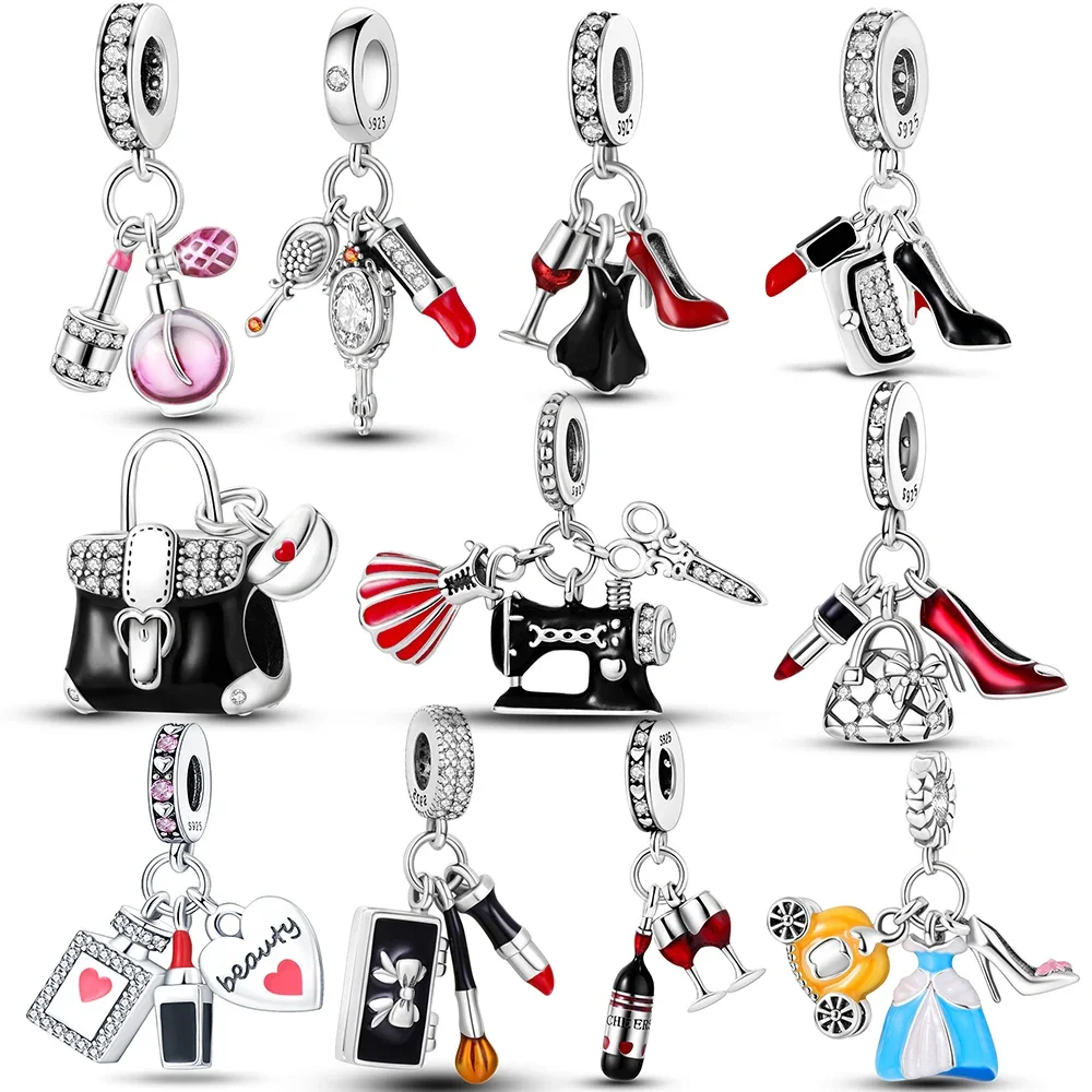 Silver Plated High Heels Lipstick Perfume Charms Pendants Fit Original Pandora Bracelet Necklace DIY Beads For Women Jewelry