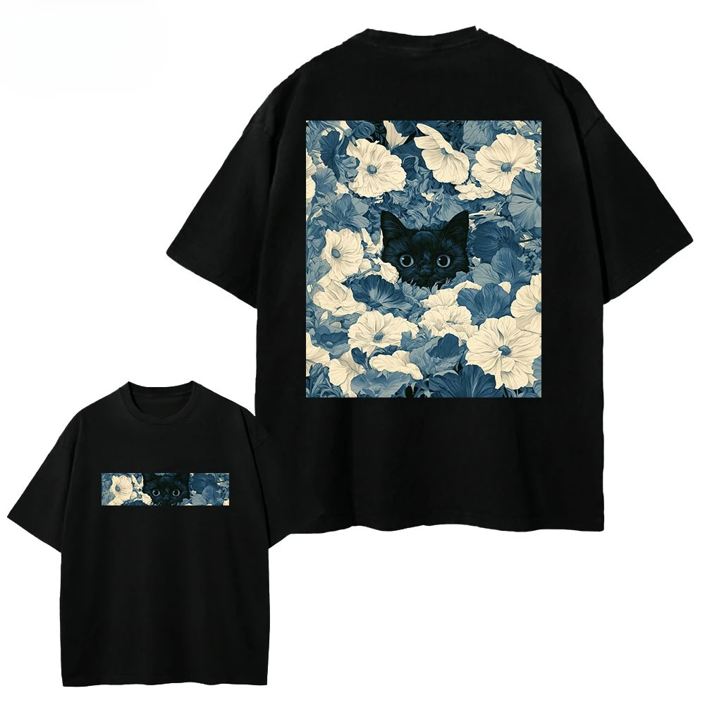 Vintage Black Cat Floral Graphic T Shirt Retro Hidden Kitten Flower Art Print Unisex Cotton Crew Neck Short Sleeve Street Tee