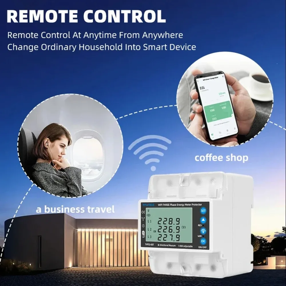 

3 Phase 4 Wire WIFI Smart Bidirectional Energy Meter Over/Under Voltage Protector Switch Current Limiter Smart Life Control