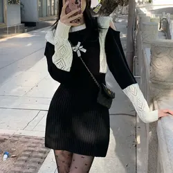 Vintage Spliced Bag Hip Dresses Autumn Winter Stylish Bow Off Shoulder Women's Clothing Waist Casual O-Neck Knitted Mini Dress