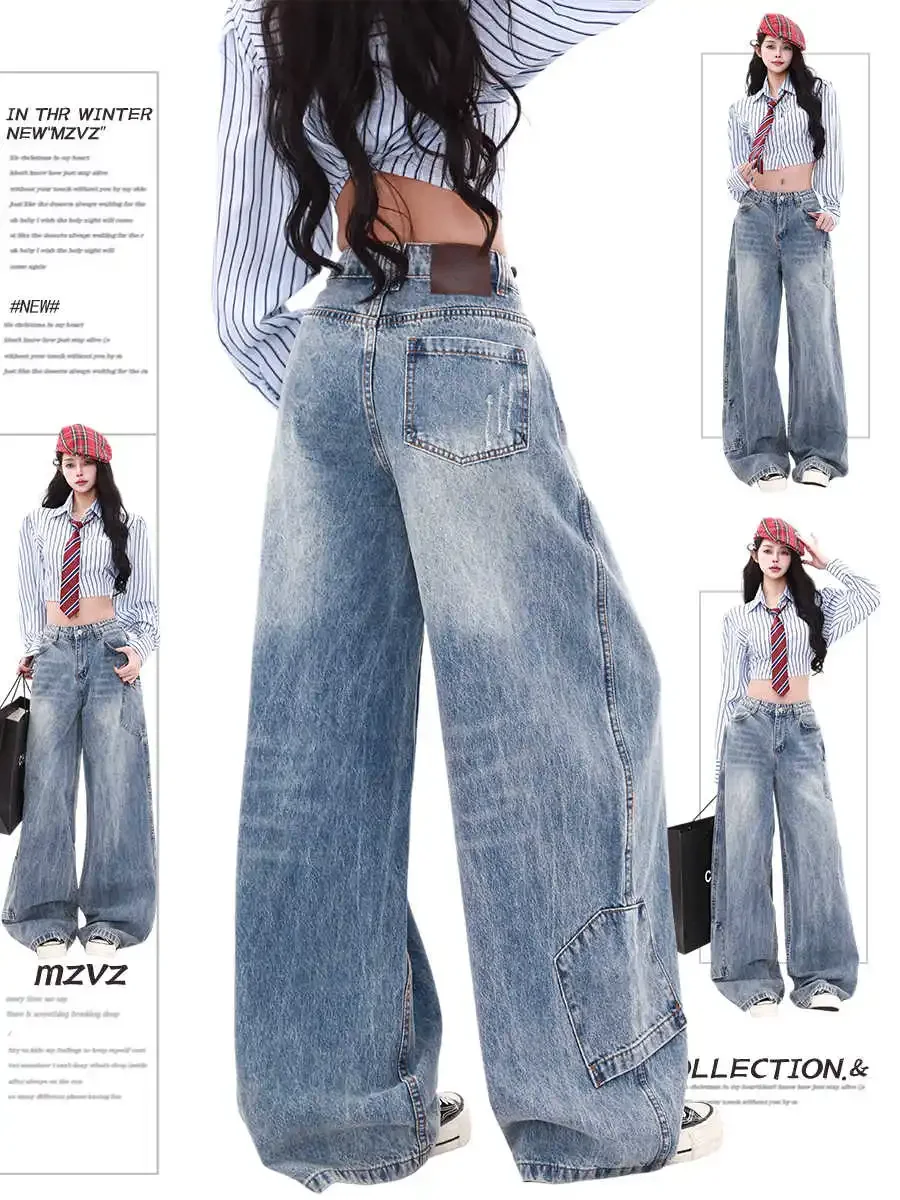 

Женские светло-голубые мешковатые джинсы с карманами, джинсовые брюки, японский стиль 2000-х годов, винтажные джинсовые брюки Y2k, тройная одежда оверсайз