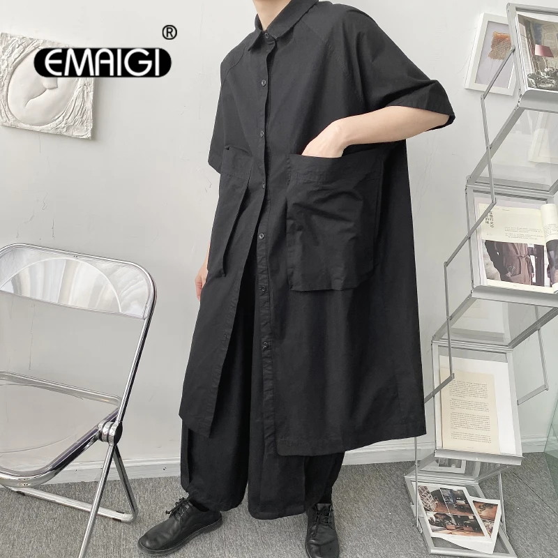 Men Women Couple Japan Korea Streetwear Vintage Loose Casual Big Pocket Long Dress Shirt Male Black Short Sleeve Shirts Oversize