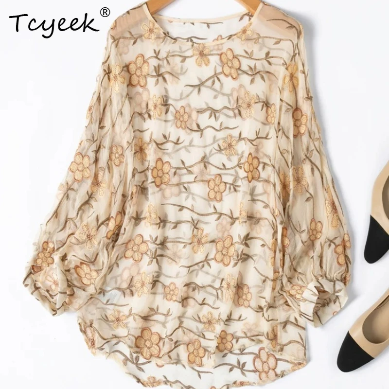 

Tcyeek 100% Real Silk Women T Shirt 2026 Summer Embroidered Sunscreen Lantern Sleeves Loose Tops Female Clothing Ropa De Mujer