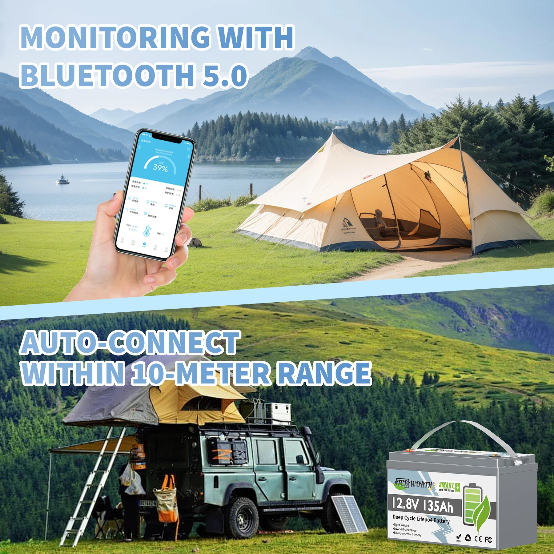 12V 135Ah LiFePO4 Lithium Battery Built in 100A BMS 1.728kWh 7000+ Deep Cycles Battery for RV,Marine,Trailer,Backup,Off-Grid