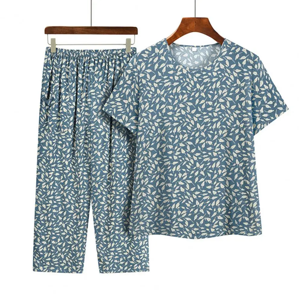 Ladies Pajamas Suit Floral Print Women's Pajamas Set with Wide Leg Trousers T-shirt Mid-aged Grandmother Homewear for Comfort