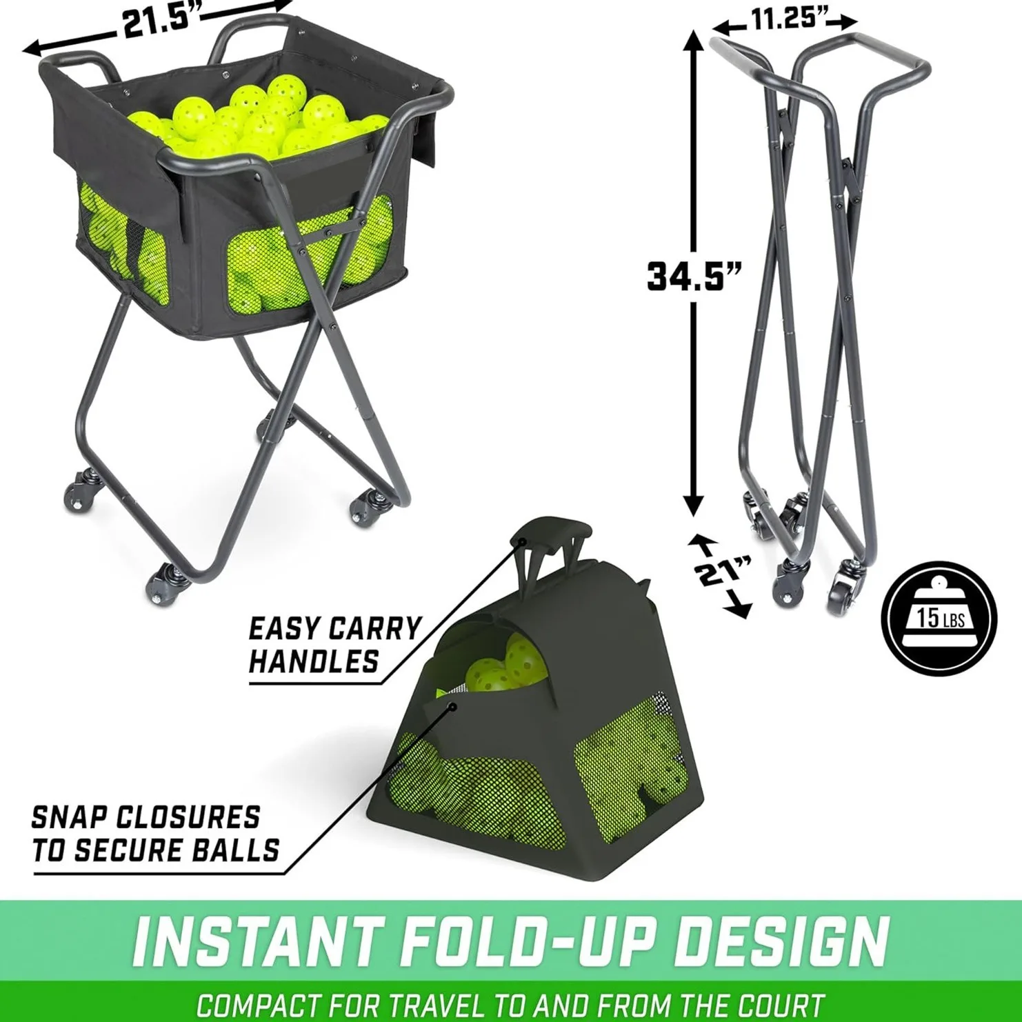 Metal Steel Frame Instant Fold-up Ball Container Wheeled Baseball Tennis Ball Caddy Pickleball Collector Basket for Training