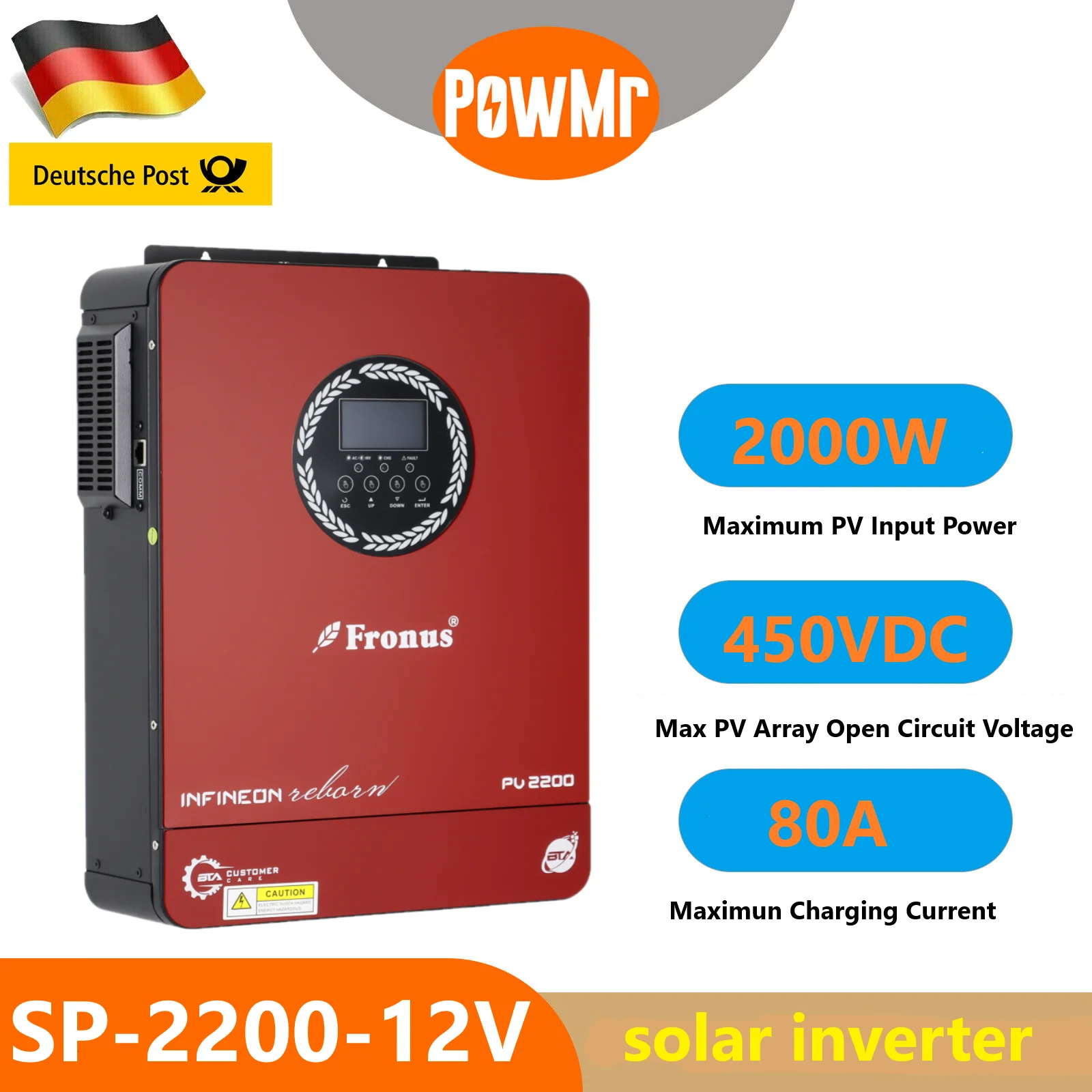 PowMr 2000W Hybrid Inverter 12V DC to 230V AC Pure Sine Wave Inverter with 80A MPPT Controller Max.PV 450V Off-grid Inverter