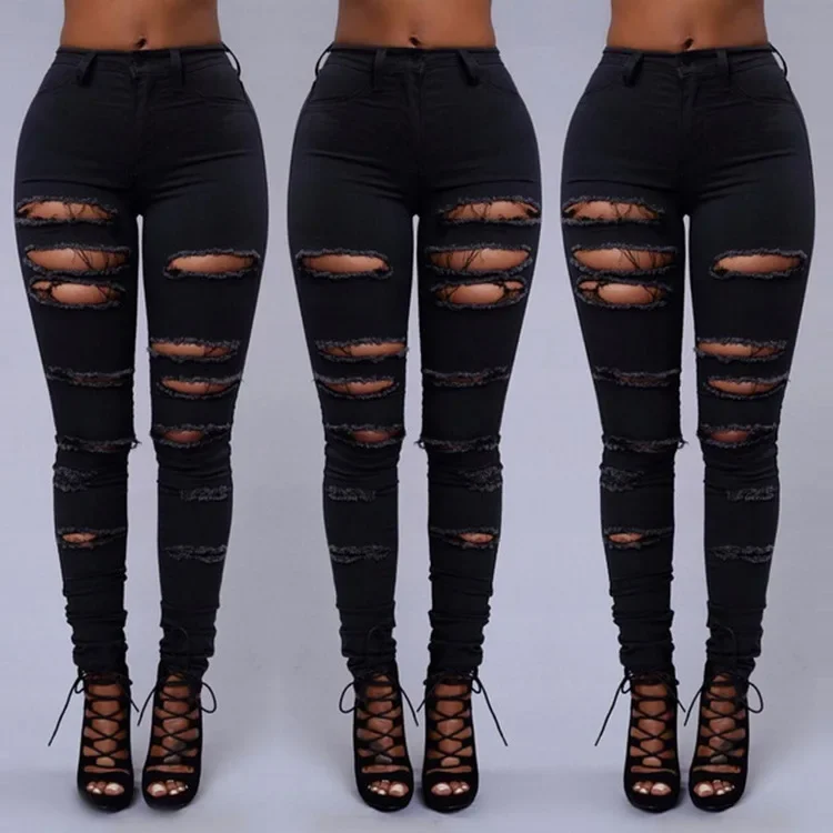 Sheath Ripped Jeans Women Ankle Length Denim Hole Pencil Pants Pockets High Waist Punk Style Solid Distressed Skinny 2024