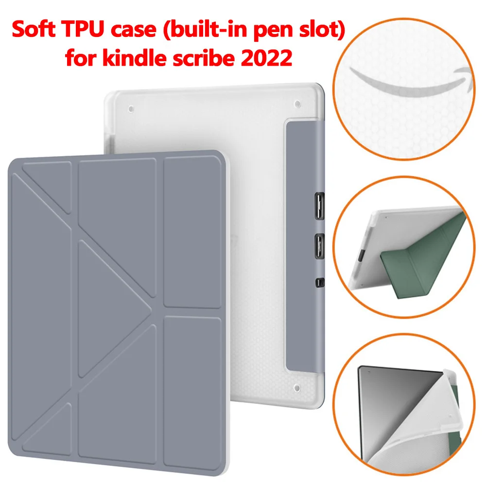 

For Kindle Scribe 2022 Case 10.2 inch Foldable Multi-folding Stand Soft TPU Protective Cover Pouch Funda Built-in Pen Holder