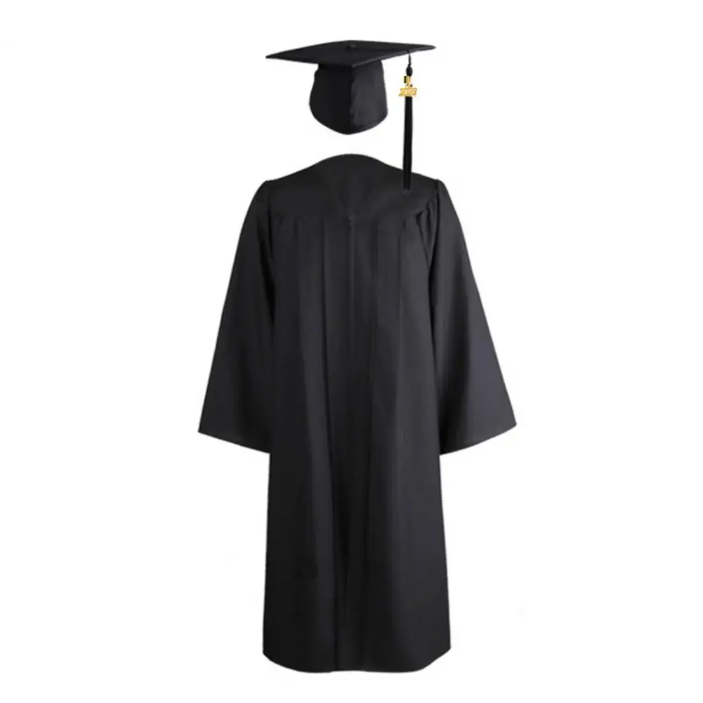 Robe académique de lycée avec pompon et fermeture éclair, col en V, costume de graduation, robe de célibataire, chapeau étudiant, 2023