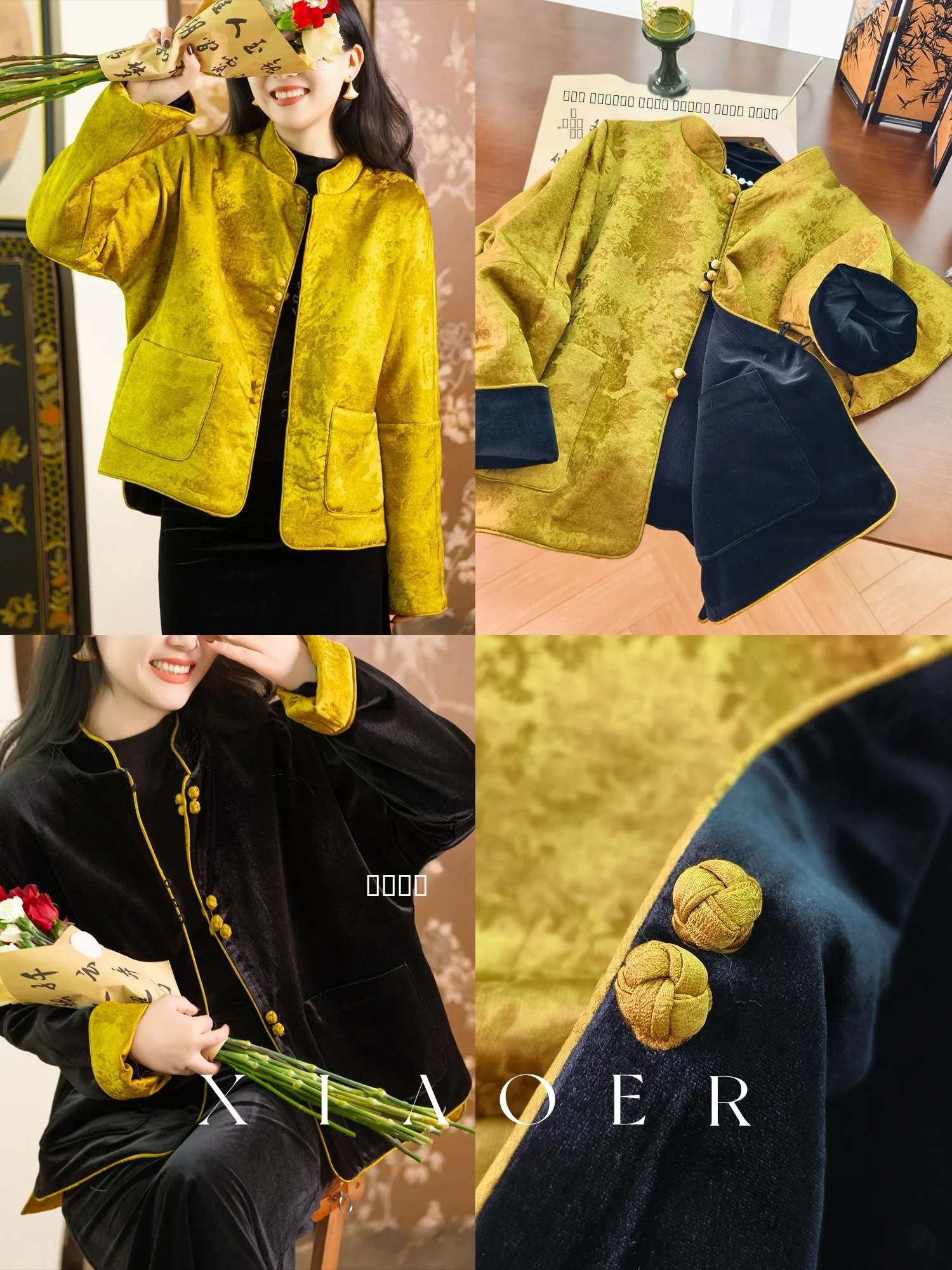 

Женское повседневное пальто из шелкового бархата с золотой вышивкой, воротником-стойкой на пуговицах ручной работы, двустороннее, с длинными рукавами