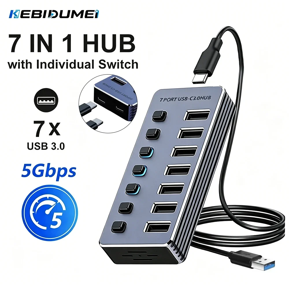 KEBIDUMEI 7-portowy Hub USB 3.0 z indywidualnymi przełącznikami On/Off, aluminiowy rozdzielacz USB, adapter o…
