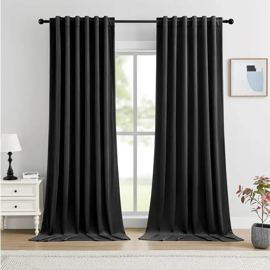 

100 Blackout Curtains 96 Inches Long, Black Velvet Room Darkening Window Drapes Thermal Insulated Soft Luxury Rod Pocket amp Bac