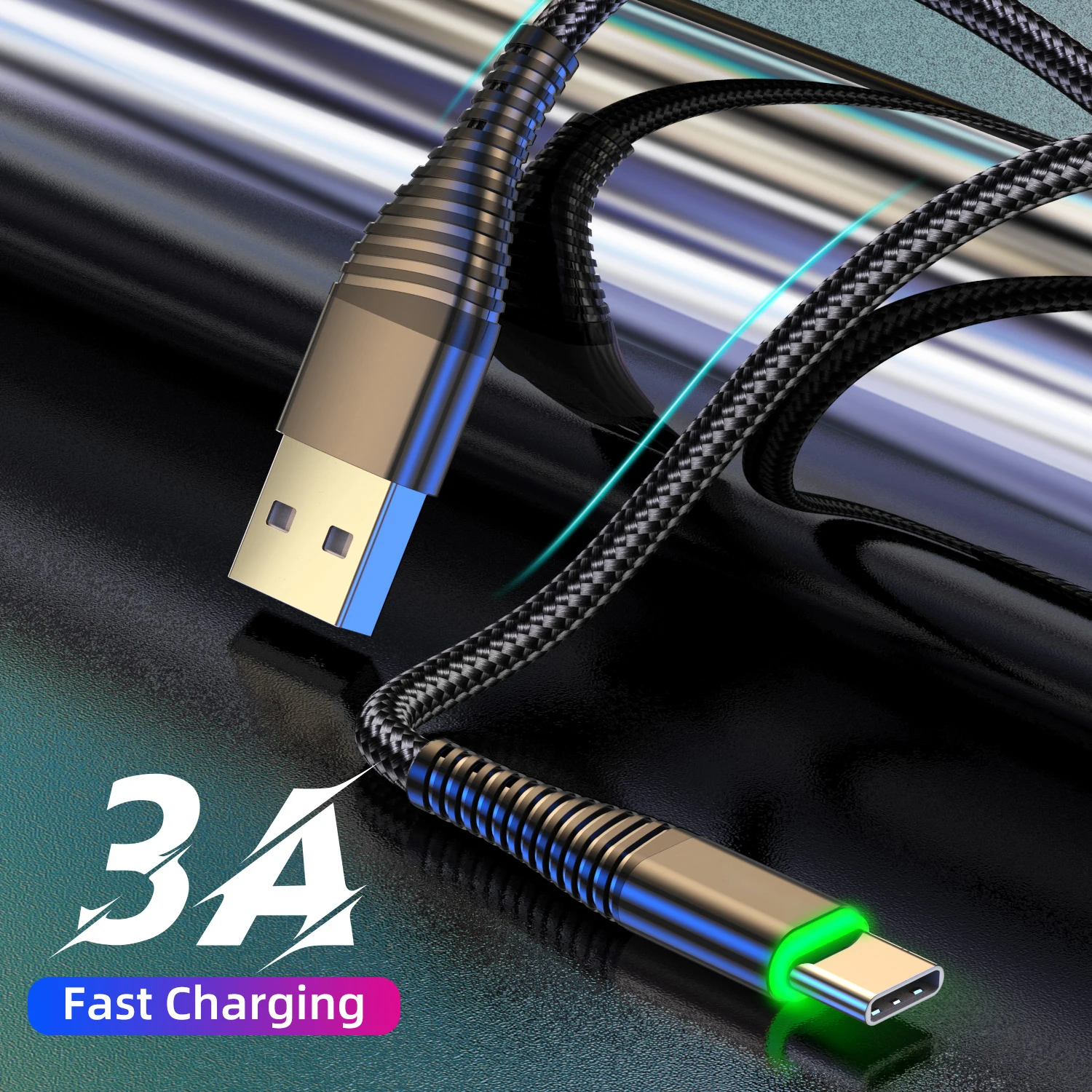 0.5m/1m/2m 3A LED USB Type C Cable Fast Charge Wire for Samsung Galaxy Huawei Xiaomi Note 7 Data USB-C Cable Charger Cord