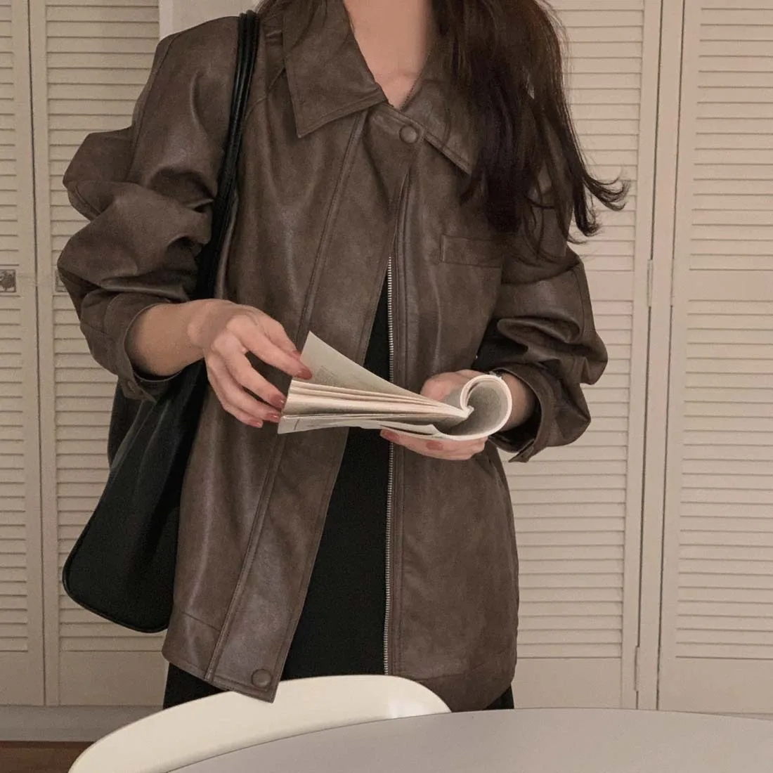 أنيقة بو الجلود Jaet المرأة سستة طوق فضفاضة تناسب السائق Sle ملابس خارجية طويلة Sve تخفيف Faion الخريف الاتجاه