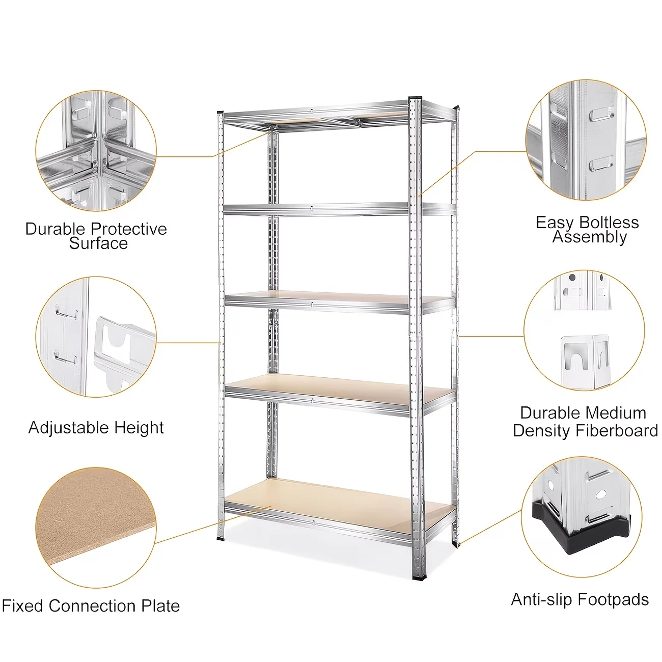 Scaffalatura metallica a 5 ripiani, robusta e autoportante, senza bulloni, con ripiani modulari regolabili, disponibile in nero e argento, facile da montare senza attrezzi, ideale per garage, cucina,