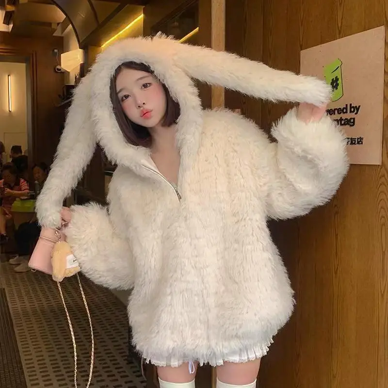 Faux Lambswool Women Jackets New Autumn Winter Cute Bunny Ears Hooded Plush Coat Loose Long Sleeve Casual Students Fur Outerwear