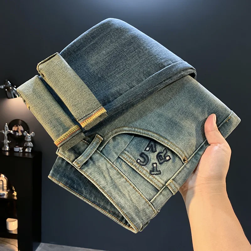 

Модные мужские джинсы с градиентом в стиле ретро, осень 2021, повседневные эластичные облегающие модные брюки с маленькими штанинами