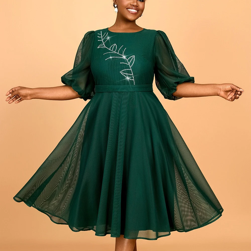 

Luxury Green Dresses for Women O Neck Short Sleeve Diamond High Waisted Pleated Mid Calf High Quality Birthday Party Dinner Robe
