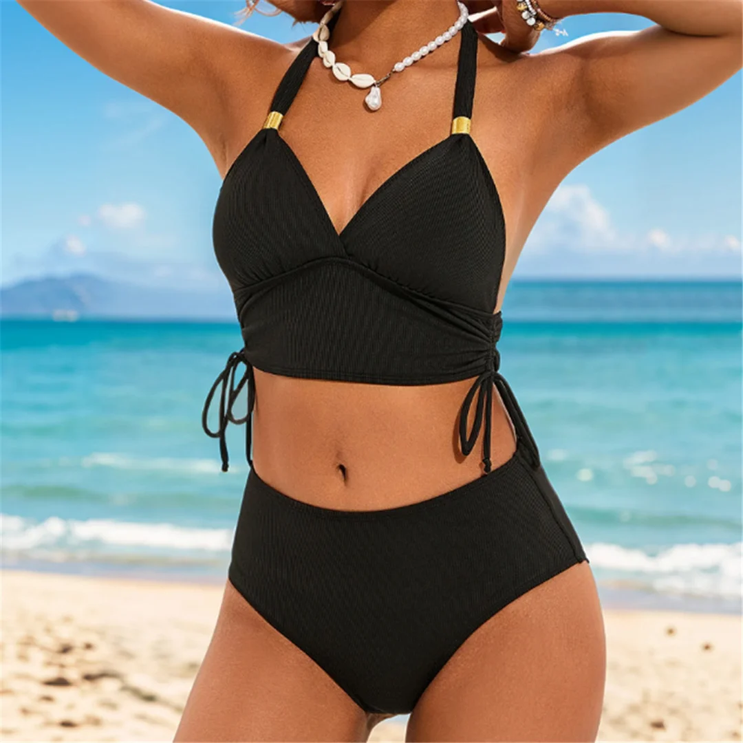 S - XXL 2026 Gerippter Neckholder-Bikini mit mittelhohem Bund, Damen-Badeanzug, zweiteiliger Bikini-Set, Badebekleidung, Badeanzug, Schwimmanzug V6447 – Detail 7