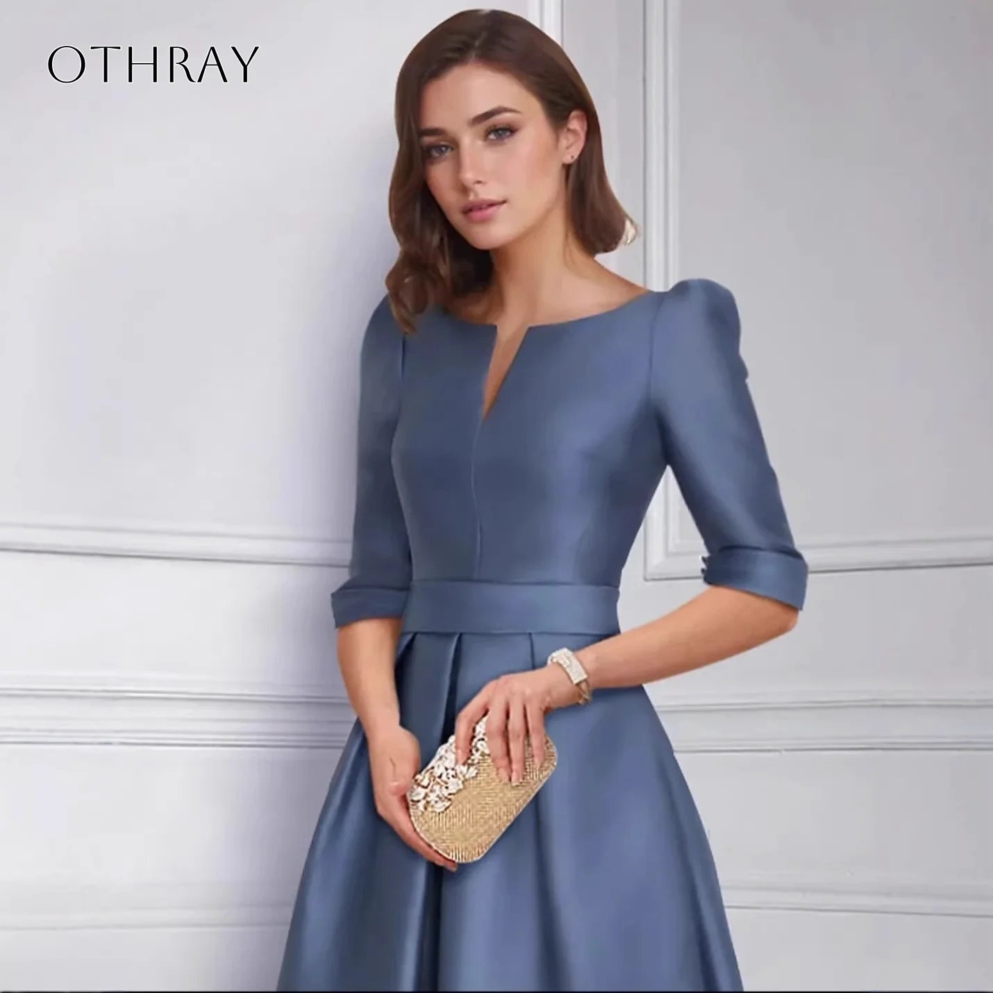 High-low A-line Satin Homecoming Dresses Half Sleeves Sweep Train Pleated Customized فساتين سهرة