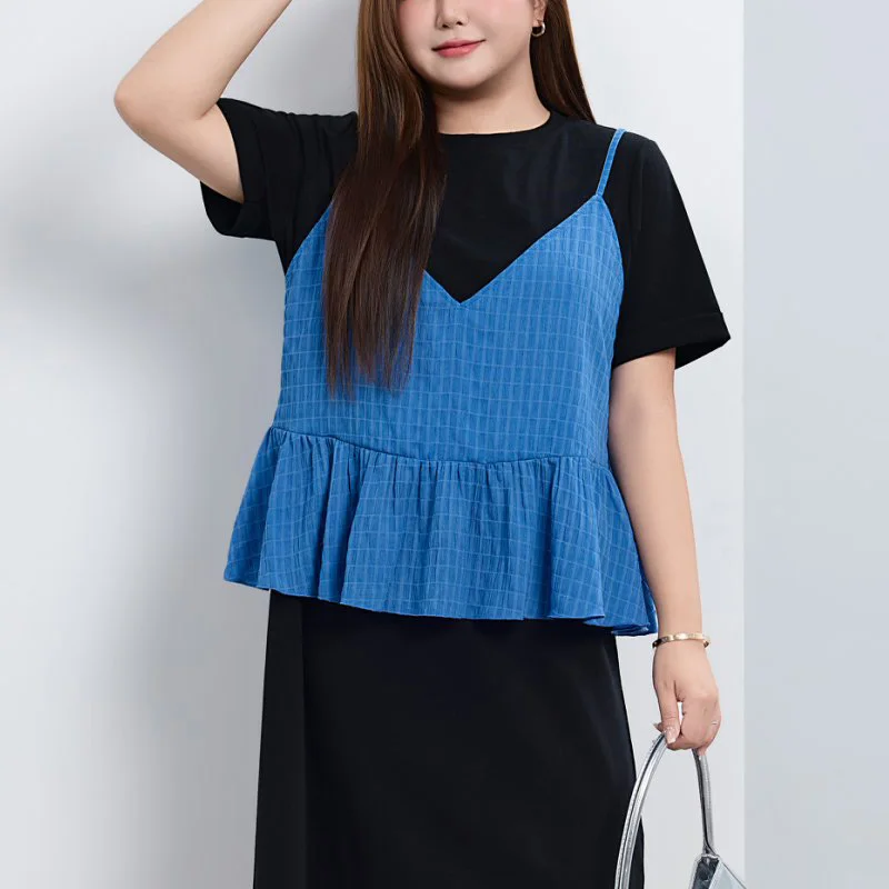 

Layer Ruffles Loose V-neck Camis Plus Size Women Premium Casual Summer Spaghetti Strap Tops 9236