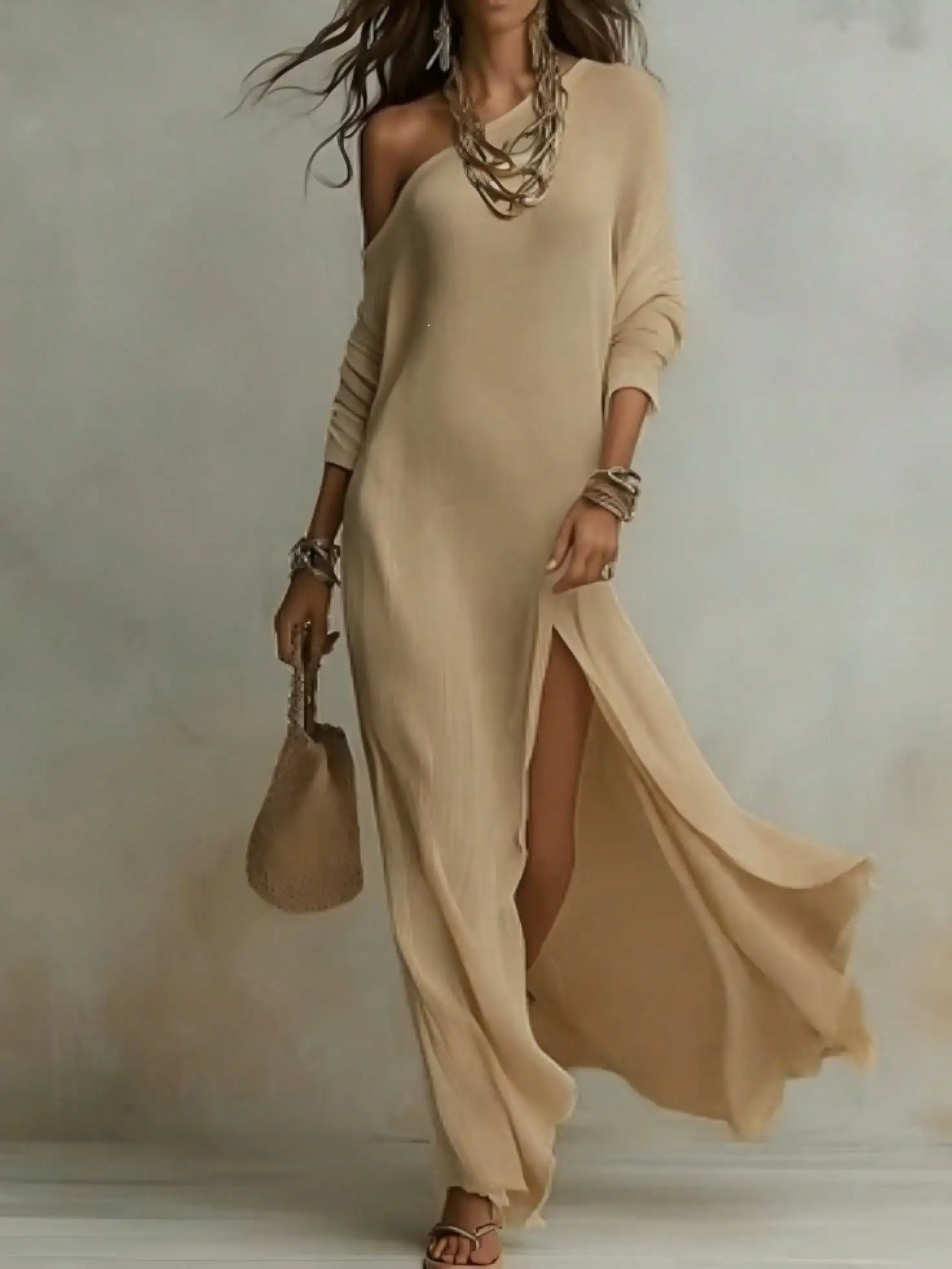 

2026 Summer New Elegant Long Sleeve Knitted Pleated Slit Bodycon Dress For Women Fashion European And American Style Party Clubwear Casual Office Maxi Dress