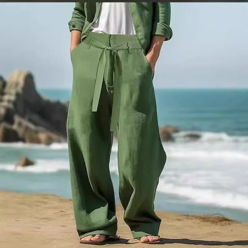 

Spring Summer Leisure Breathable Pants Mens Seaside Beach Casual Solid Color Linen Trousers Men Fashion Lace-up Losoe Pants
