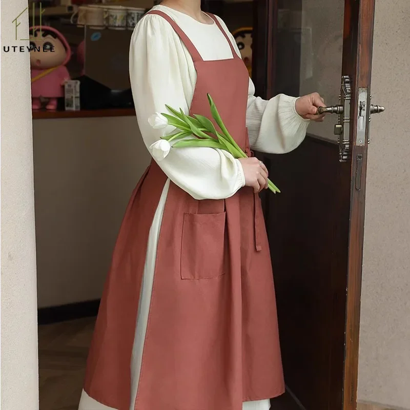 Water-repellent Cotton Women Apron with Pockets H Back Strap for Cooking Bib Pinafore Home Kitchen Gardening Cleaning Nail Shop