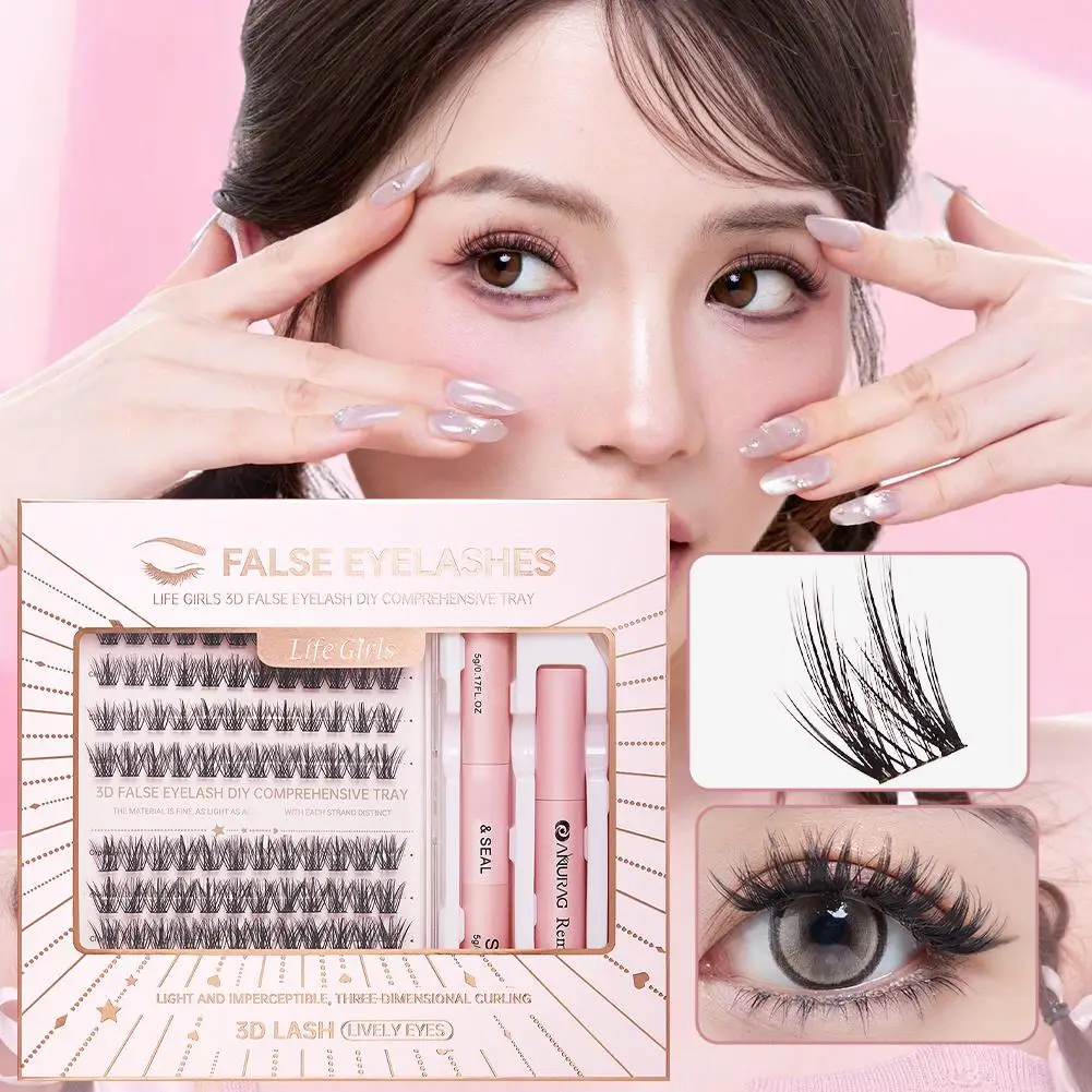 False Eyelash Kit DIY Grafting Single Cluster Dense Nature Lash Extension Kit Lashes Bond Glue & Remover Tweezer Lashes Eyelash
