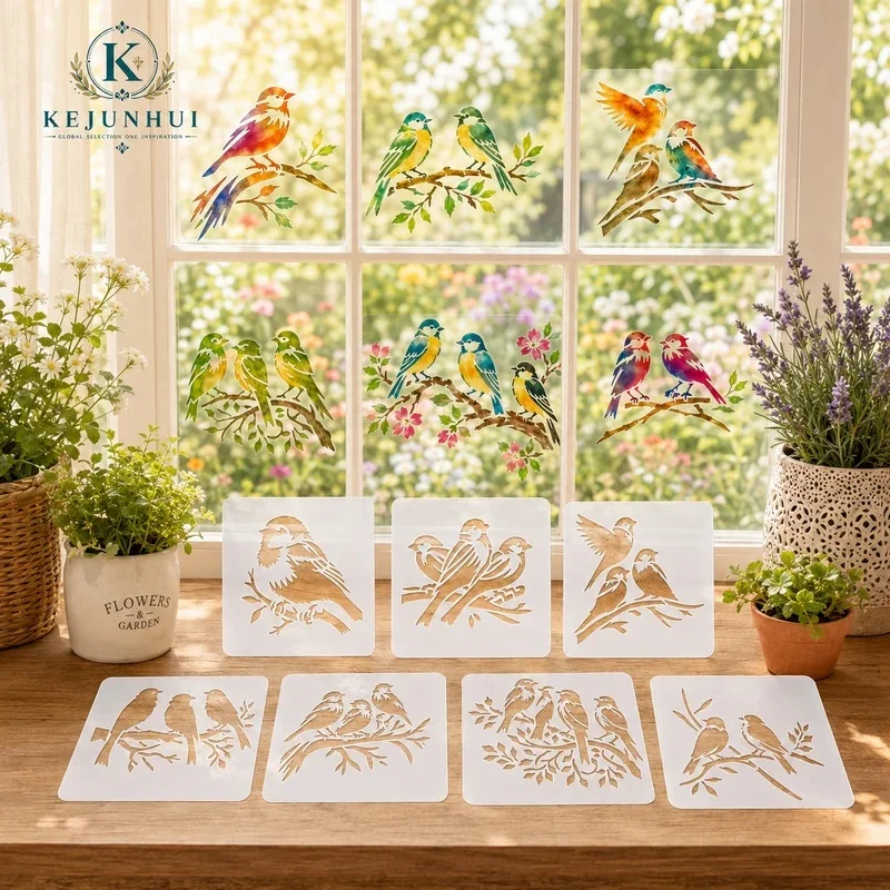 7Pcs Bird Stencils Reusable PET Stencils for Painting Bird on Branch Craft Templates Wall Wood Fabric Canvas Paper DIY Decor - view 3