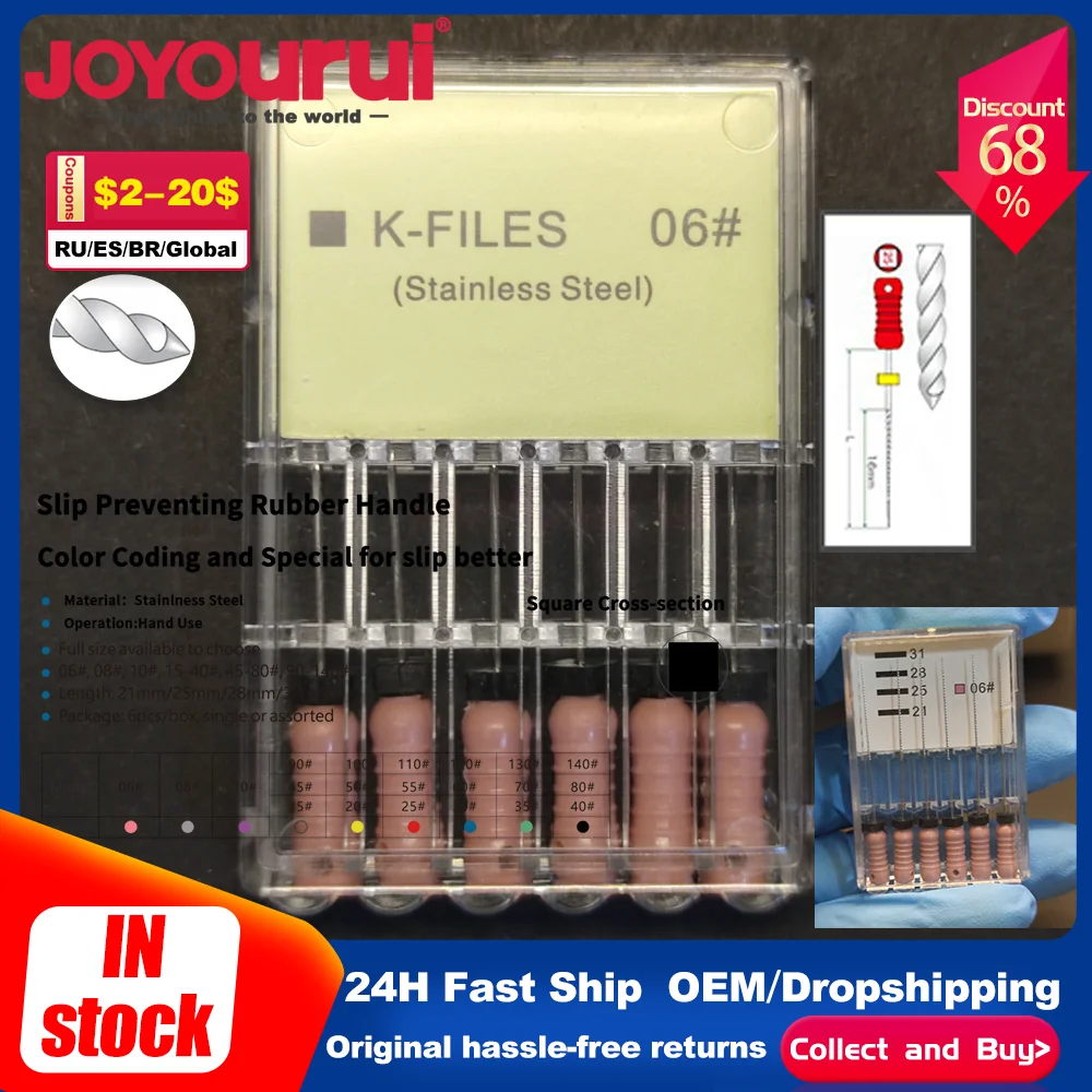 Paquete de 6 Limas Dentales de Acero Inoxidable Tipo K, Fresas H, Instrumentos Endodónticos para Tratamiento de Conductos Radiculares 06 # Dentista 21mm/25mm/31mm